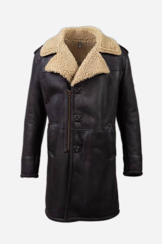 Matchless Fokker Men's Shearling Leather Trench Coat Black - Front View