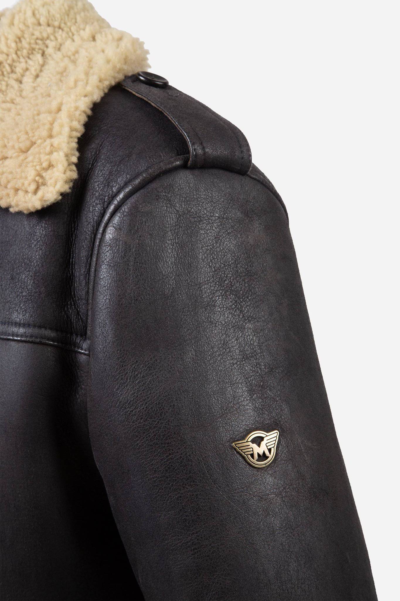 Matchless Fokker Men's Shearling Leather Trench Coat Black - Close Up Logo
