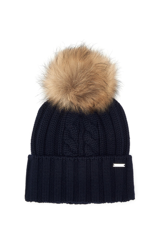 Woolrich Women's Racoon Pom-pom Beanie Navy - Laid Flat Front View