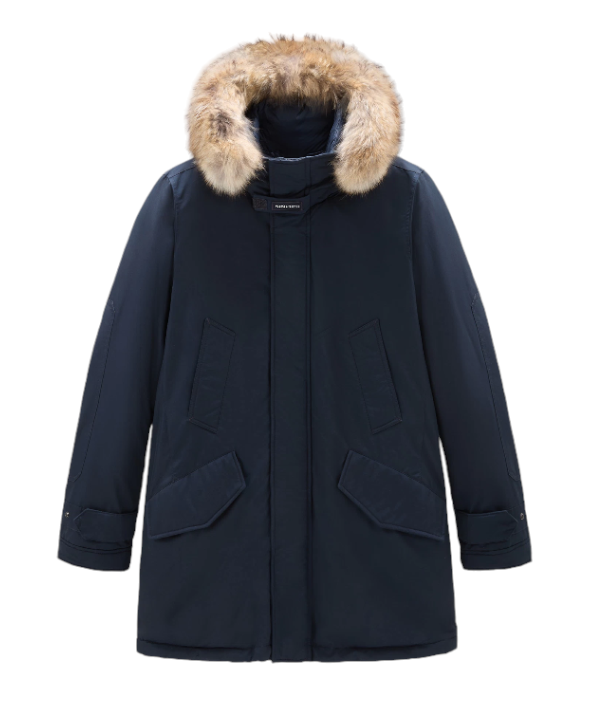 Woolrich Men's Polar Parka in Ramar Cloth with High Collar and Fur Trim Melton Blue - Front View