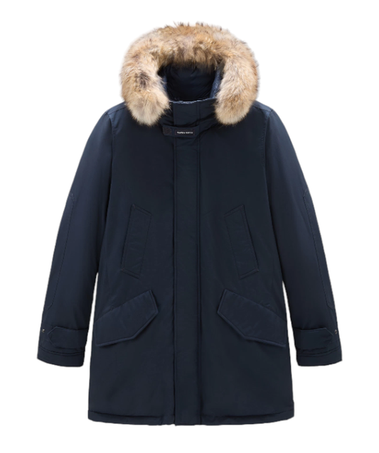 Woolrich Men's Polar Parka in Ramar Cloth with High Collar and Fur Trim Melton Blue - Front View
