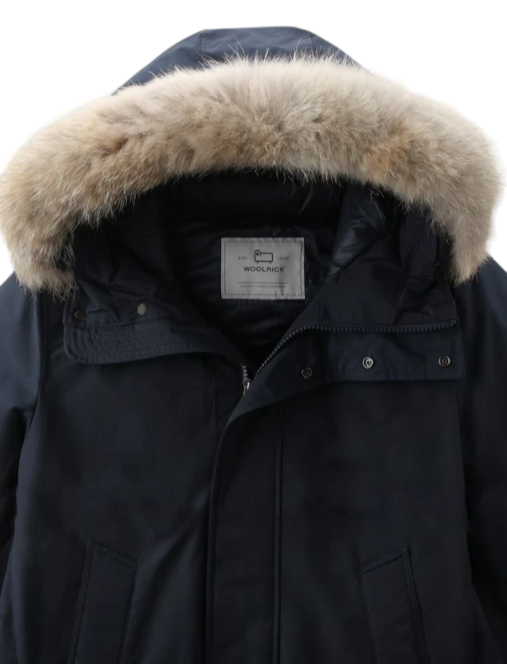 Woolrich Men's Polar Parka in Ramar Cloth with High Collar and Fur Trim Melton Blue - Close Up Hood