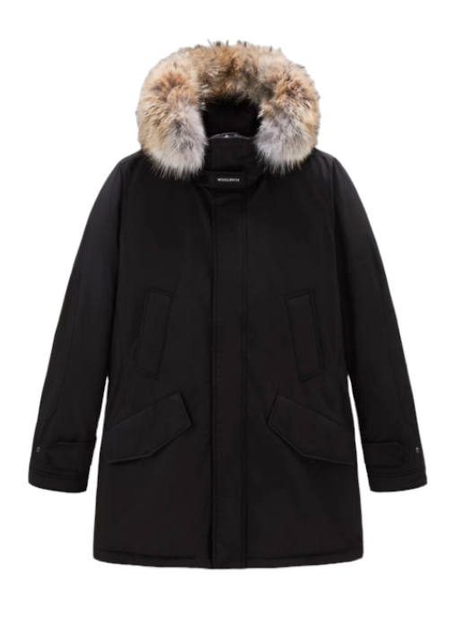 Woolrich Men's Polar Parka in Ramar Cloth with High Collar and Fur Trim Black - Front View