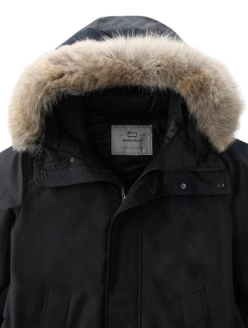 Woolrich Men's Polar Parka in Ramar Cloth with High Collar and Fur Trim Black - Close Up Hood