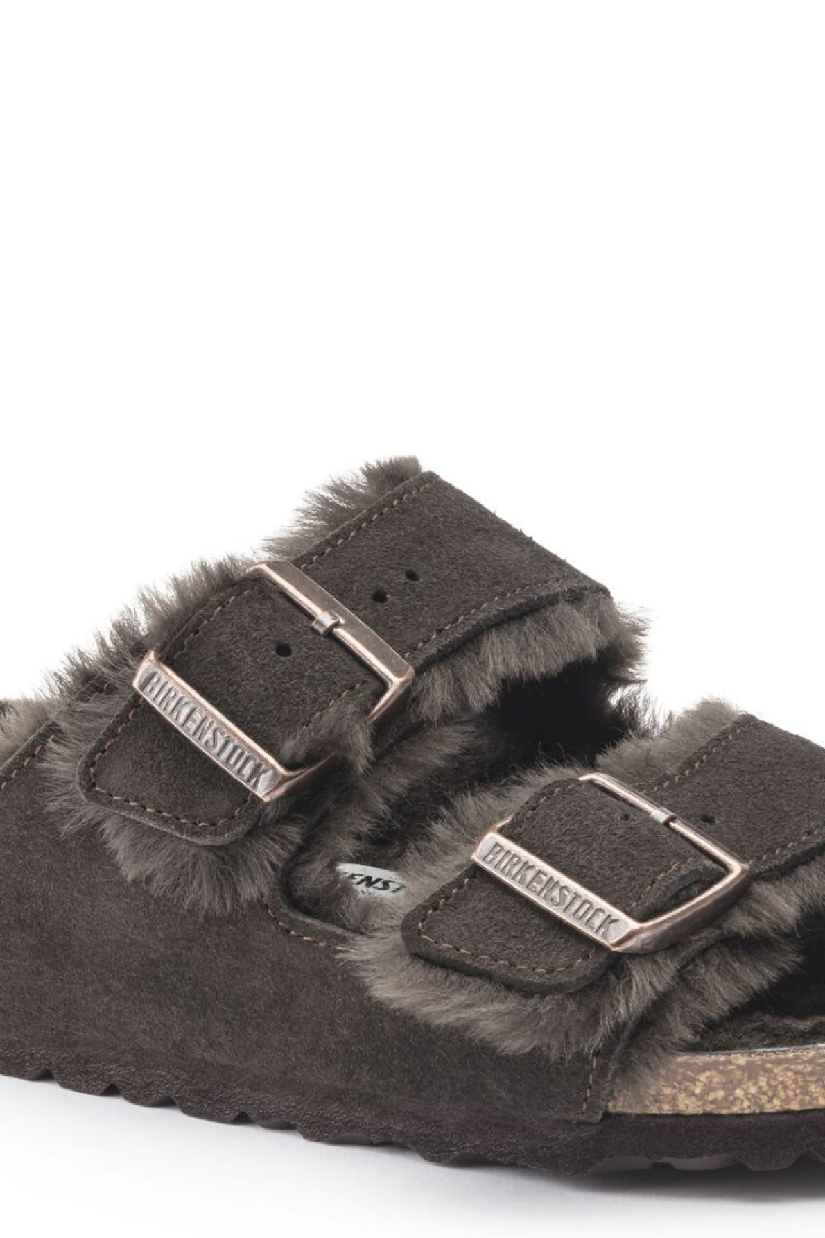 Birkenstock Women's Arizona Shearling Suede Leather Sandals Mocha - Close Up Buckle