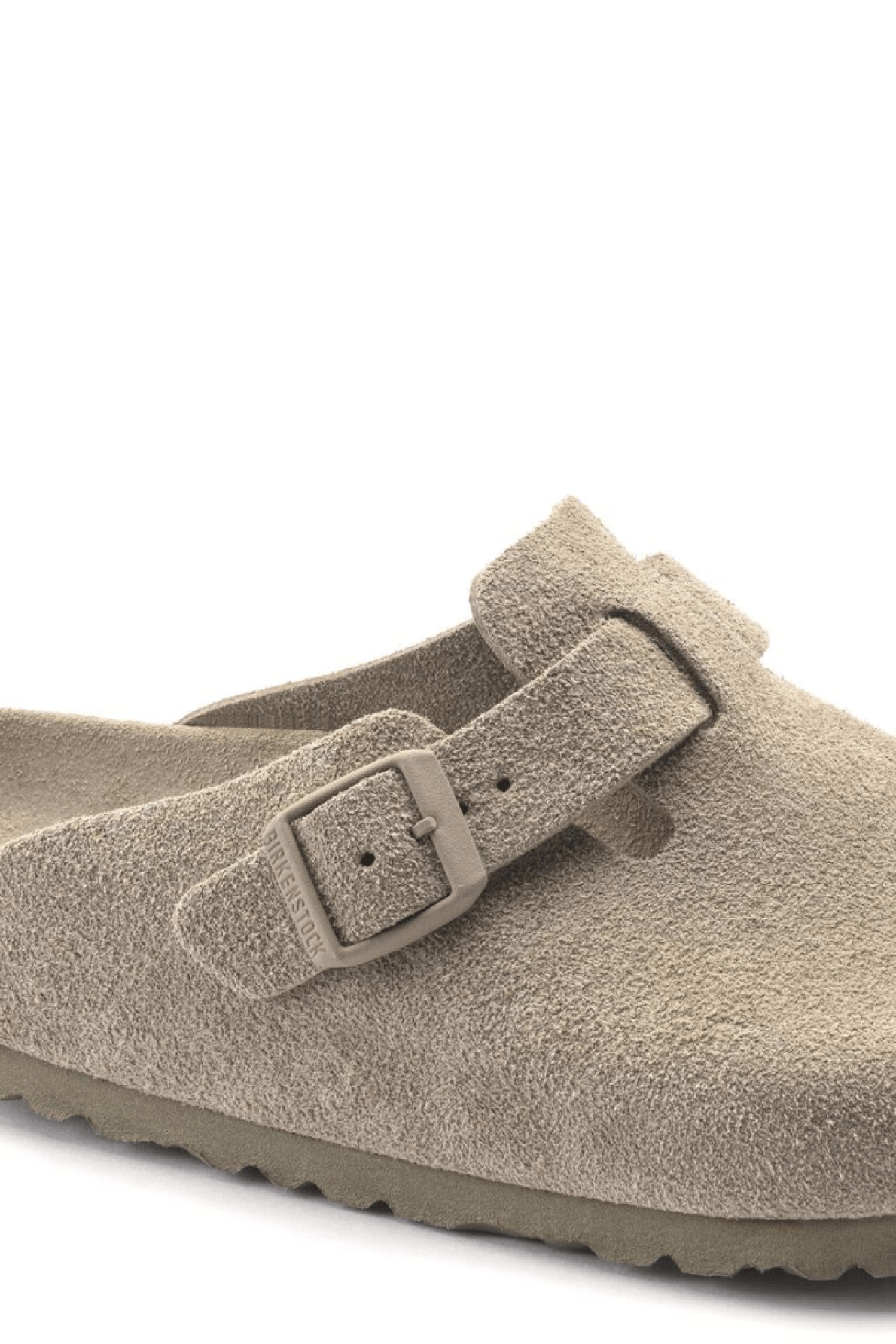 Birkenstock Women's Boston Suede Leather Khaki Clogs - Close Up Buckle